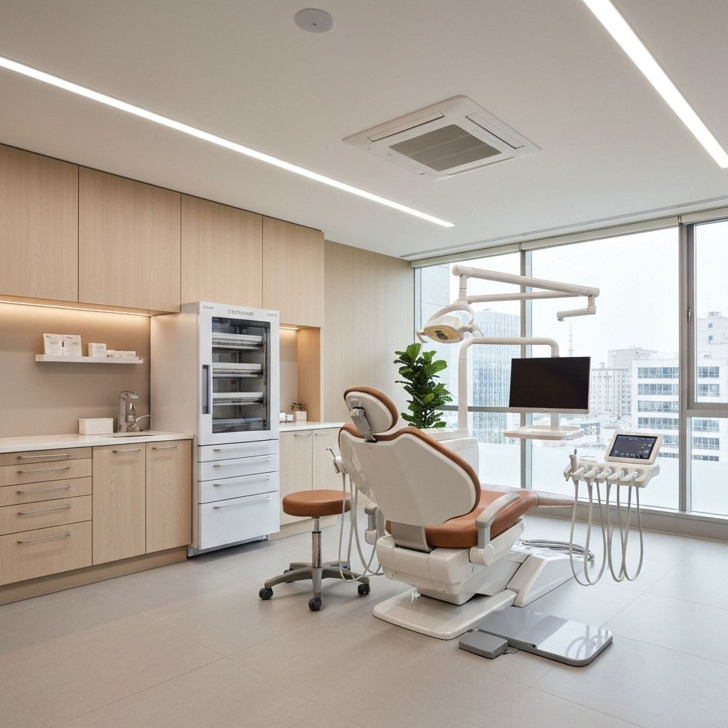 Interior moderno da clínica odontológica com equipamentos avançados