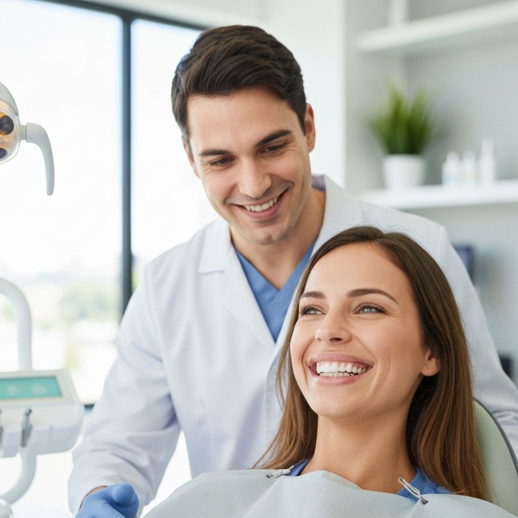Dentista profissional com paciente sorrindo em clínica moderna